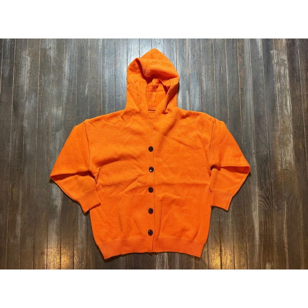 Orange Hooded Knit Cardigan Button Front Drop Shoulder Sweater Womens